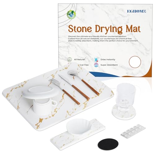 Stone Dish Drying Mat for Kitchen - Super Absorbent Premium Diatomaceous Earth Mat with Non-Slip Mat, Kitchen Draining Mat, Marble Stone for Pets - Perfect for Kitchen Countertops (16x12 Inch, Gold)