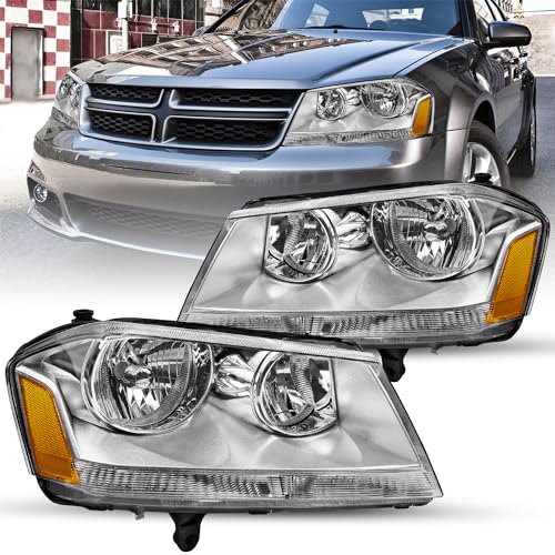 Headlight Assembly Fit for 2008-2014 Dodge Avenger Driver and Passenger Side Black Housing with Amber Reflector with High/Low Beam Bulbs