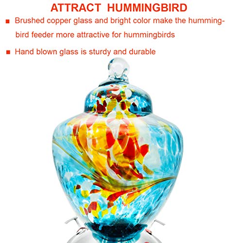Hummingbird Feeder with Perch - Hand Blown Glass - Red - 38 Fluid Ounces Hummingbird Nectar Capacity Include Hanging Wires and Moat Hook