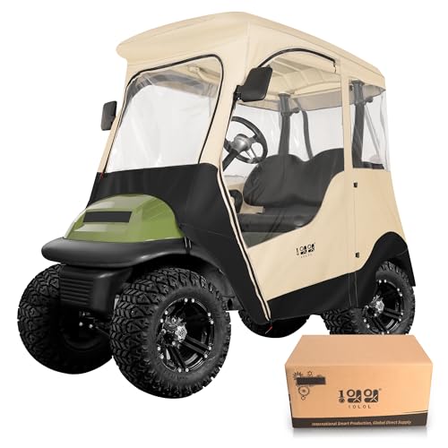 10L0L Golf Cart Driving Enclosure for 2 Passenger Club Car Precedent, Onward & Tempo, 600D Deluxe Heavy Duty Oxford Cloth Waterproof Windproof Golf Cart Rain Cover (Black/Beige)
