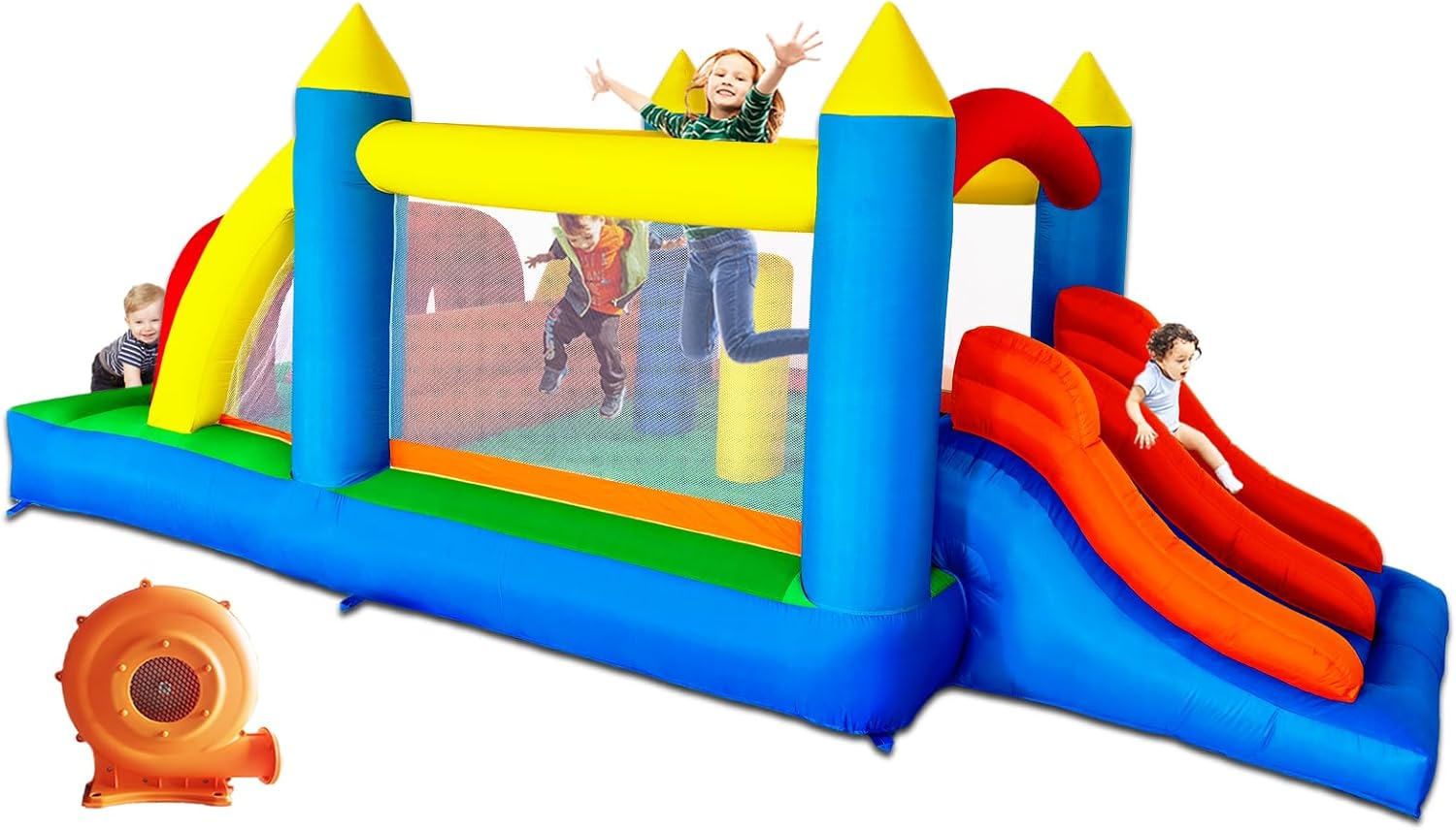 HuaKastro 16.3x7FT Kids Inflatable Obstacle Bounce House with Dual Racing Slides, Crawl Tunnels, Climbing, Obstacles, Jumping All in One Castle Great for Children's Outdoor Party - with Blower