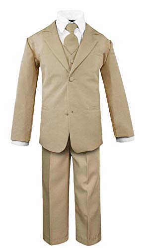 Toddler Boys' 5 Piece Classic Fit No Tail Formal Khaki Dress Suit Set with Tie and Vest