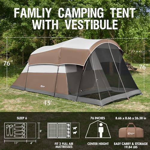 PORTAL 6/8 Person Family Camping Tent with Screen Room, Water Resistant Big Tunnel Tent with Rainfly, Large Family Tent for Outdoor Camping, Party