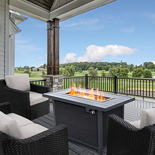 Fire Pit Table,HAPPATIO 42inch 50000 BTU Propane Fire Pit with Mental Fence Table Top, Lid, Transparent Lava Glass, CSA Safety Certified for Patio Balcony Backyard (Black)