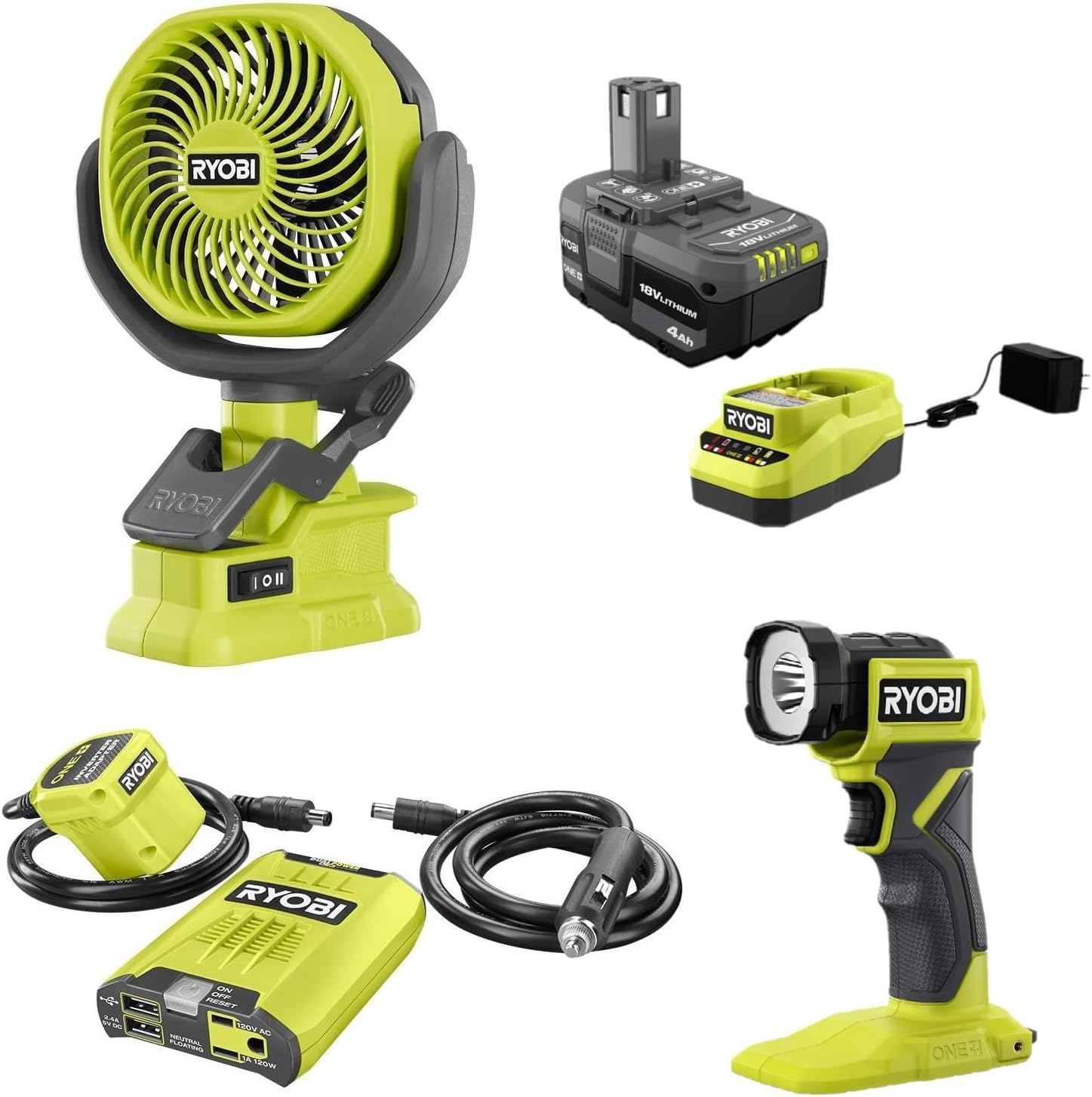 Ryobi 18-Volt Camping Kit - with Clamp Fan, Flashlight, Inverter, (1) 4Ah Battery and Charger (Bulk Packaged), Green