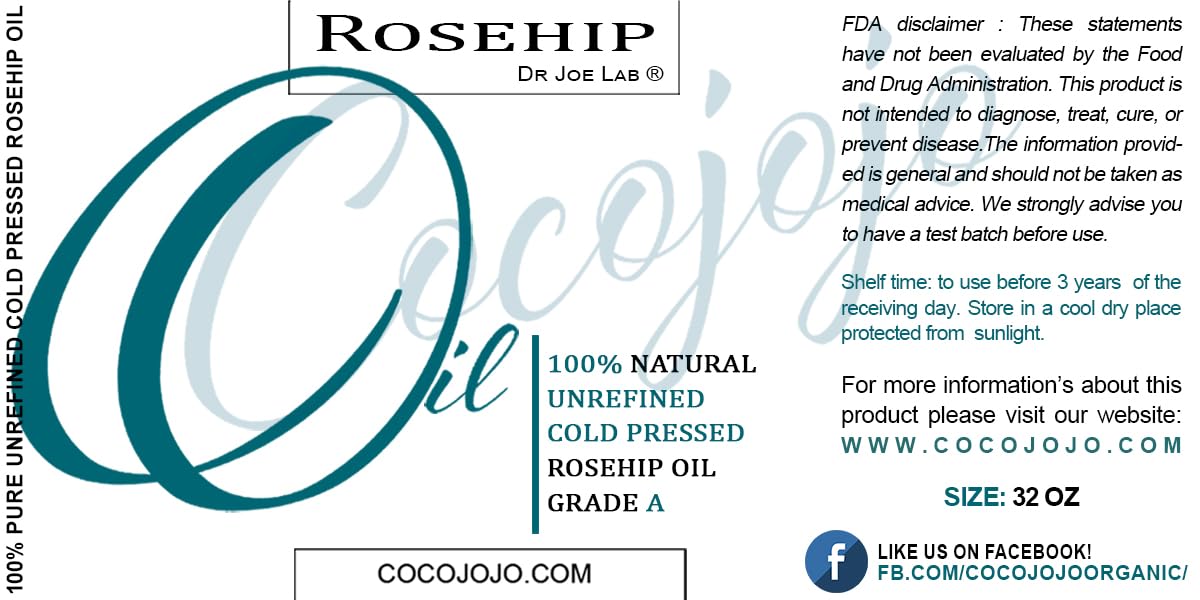 Dr Joe Lab Rosehip Oil for Face, Rose Oil for Face, Rose Hip Oil Organic for Face, Organic Rosehip Oil, 100% Pure Unrefined Cold Pressed All Natural for Hair Skin Face Body Nails Jojoba Oil - 32 Oz