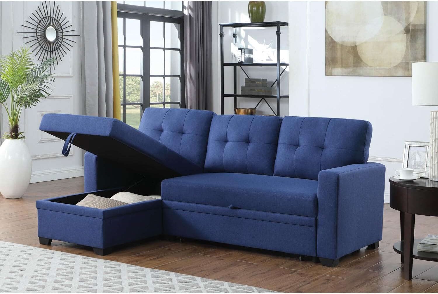 Devion Furniture Polyester Fabric Reversible Sleeper Sectional Sofa-Blue