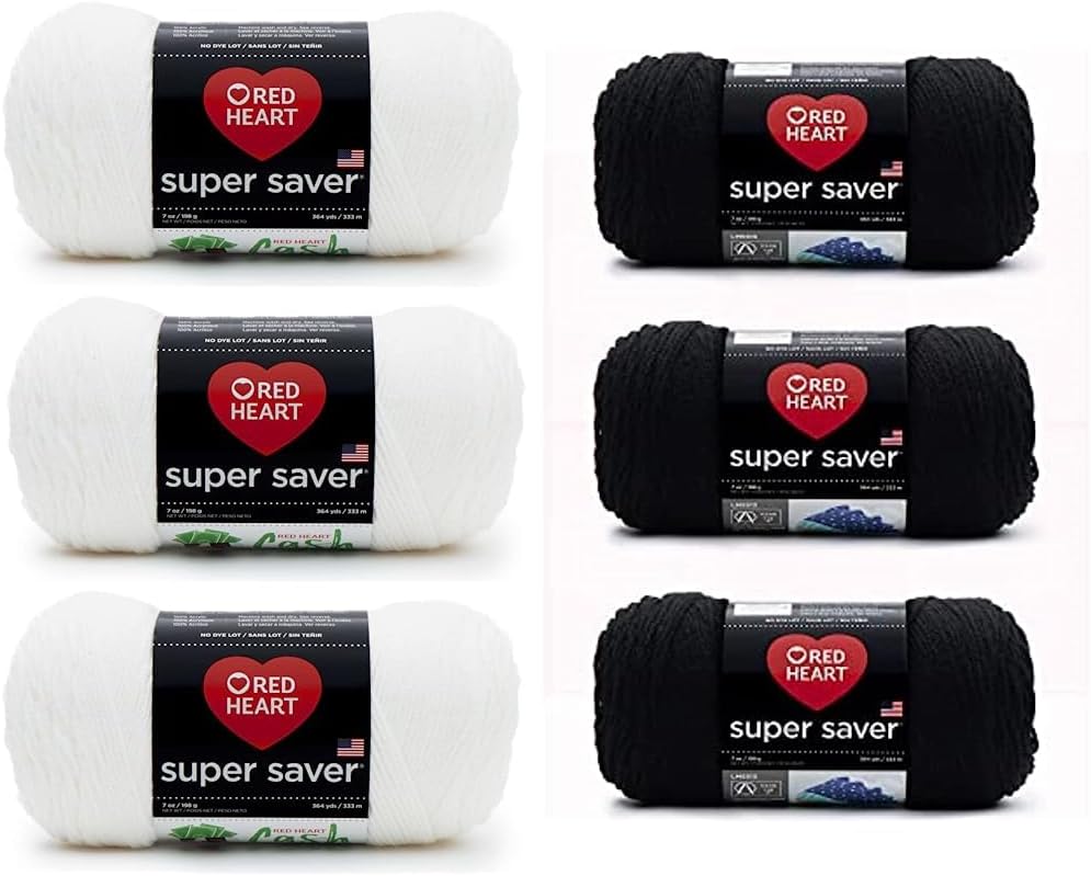 Red Heart Super Saver White and Black Yarn Bundle (3 Pack Each) - Acrylic - 4 Medium (Worsted) - 364 Yards - Knitting/Crochet
