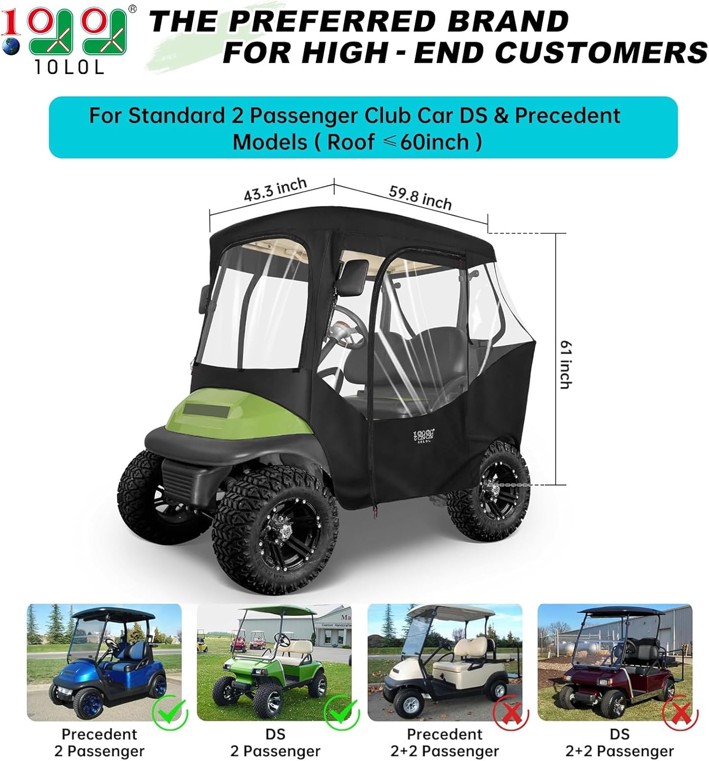 10L0L 2 Passenger Golf Cart Enclosures Cover for Club Car DS & Precedent, All Weather Windproof Waterproof Rain Cover, 4-Sided Clear Window & Roll-up Zipper Door - Black