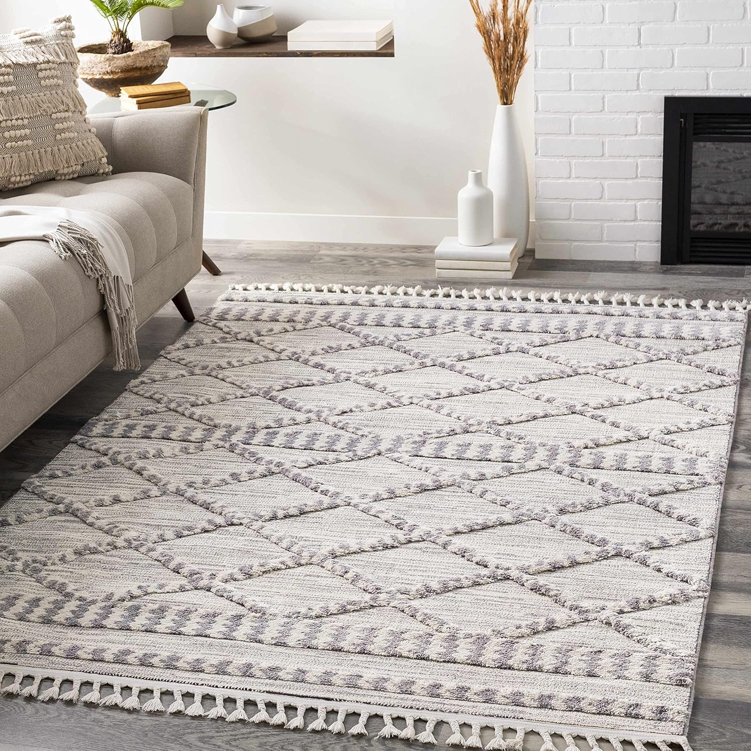 Hauteloom Kincheloe Modern Farmhouse Bedroom, Living Room Tassel Rug - Moroccan Bohemian Style - Boho High Pile - Southwestern Tribal Aztec Look - Polyester Carpet - Grey, Beige, Cream - 5'3