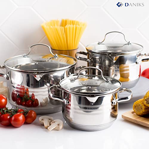 Daniks Tokio Stainless Steel Stock Pot with Glass Lid | Induction 4.5 Quart | Pasta Pot with Strainer Insert | Dishwasher Safe Pot | Measuring Scale | Soup Pasta Stew Pot | Silver
