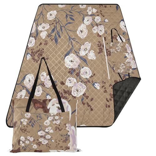 Vintage Flowers Extra Large Picnic Outdoor Blanket, Foldable Beach Blanket Waterproof Sandproof Camping Mat for Family Travel Park Wet Grass Hiking Yoga, 60 x 80 Inch