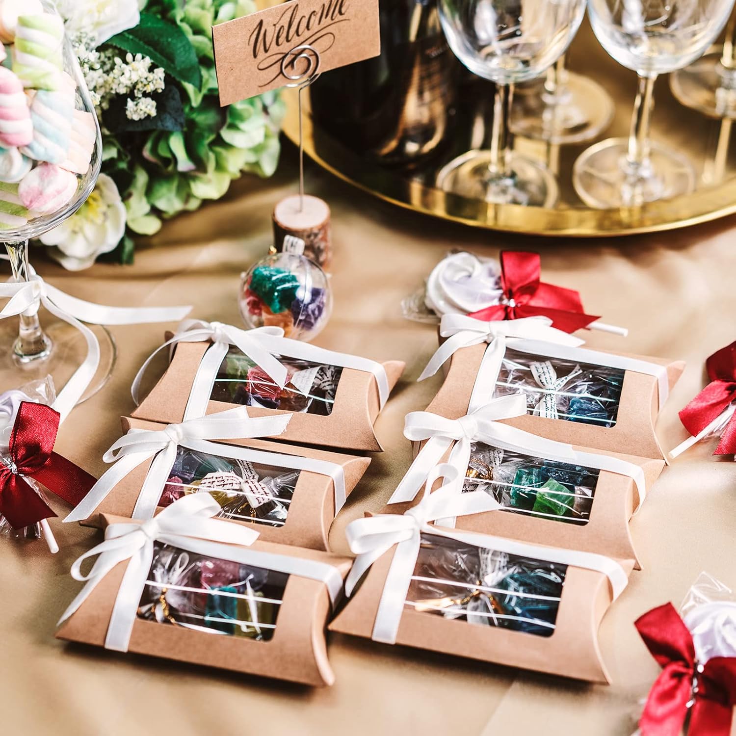 MATICAN Pillow Boxes, 40-Pack Pillow Gift Boxes with Windows, Kraft Mini Favor Boxes, 5 x 3 x 1.2 inches