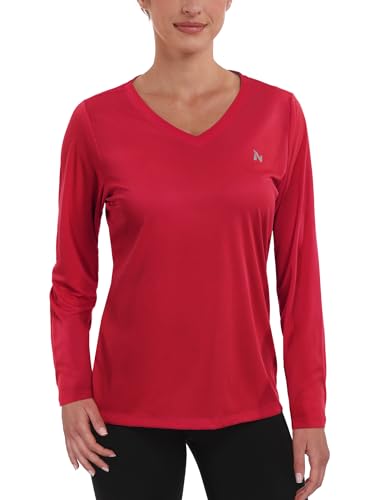 Women's UPF 50+ Sun Shirts Dry Fit Athletic Running Long Sleeve T-shirts V-Neck Performance Tee Top