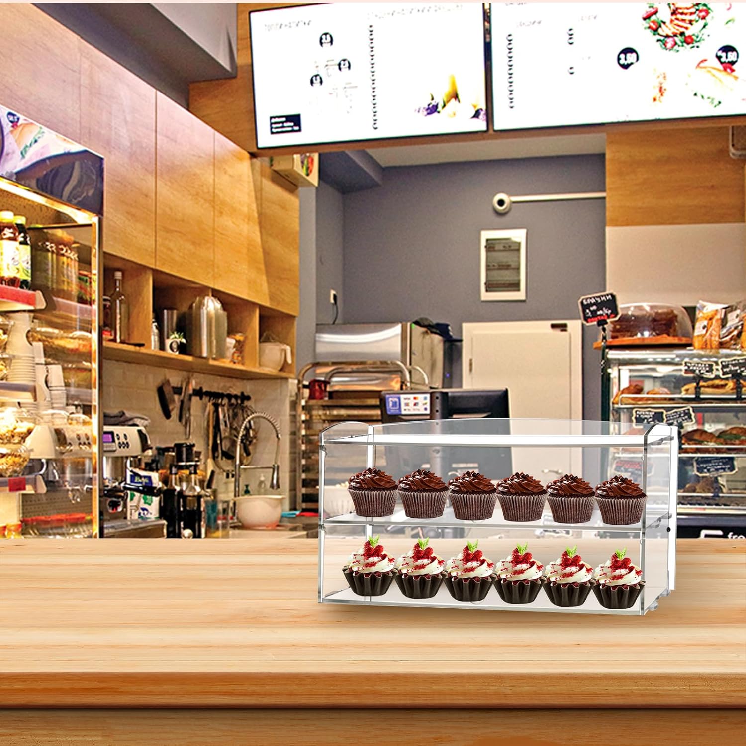 Acrylic Pastry Display Case, 2 Tray Commercial Countertop Bakery Display Case , 19.2x9x10.5 inch Acrylic Bread Display Box