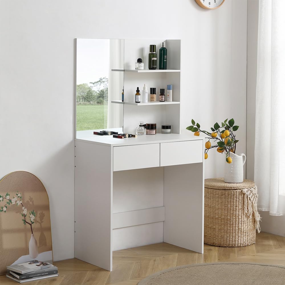 Vanity Desk with Mirror,Makeup Vanity with Lights,Dressing Table Set with 2 Large Drawers,White Vanity Set,Modern Dressing Table with Storage Shelf for Bedroom,White