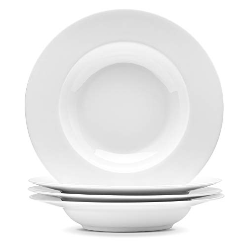 Artena 8 Ounces Pasta Bowls Set of 4, 8.5 inch Soup Bowls, Advanced Porcelain Salad Bowl, Wide Rim Pasta Plates, Shallow Bowls for Kitchen, Rimmed White Plates and Bowls Set, Microwave Oven Safe