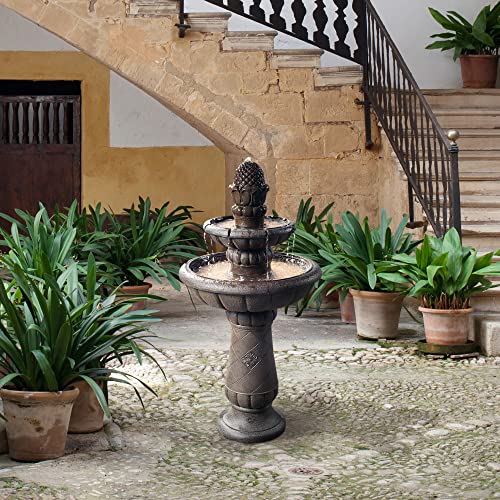 Teamson Home Lily Flower Floor Pedestal 3 Tiered Floor Waterfall Fountain with Pump for Outdoor Patio Garden Backyard Decking, 38 Inch Height, Dark Gray