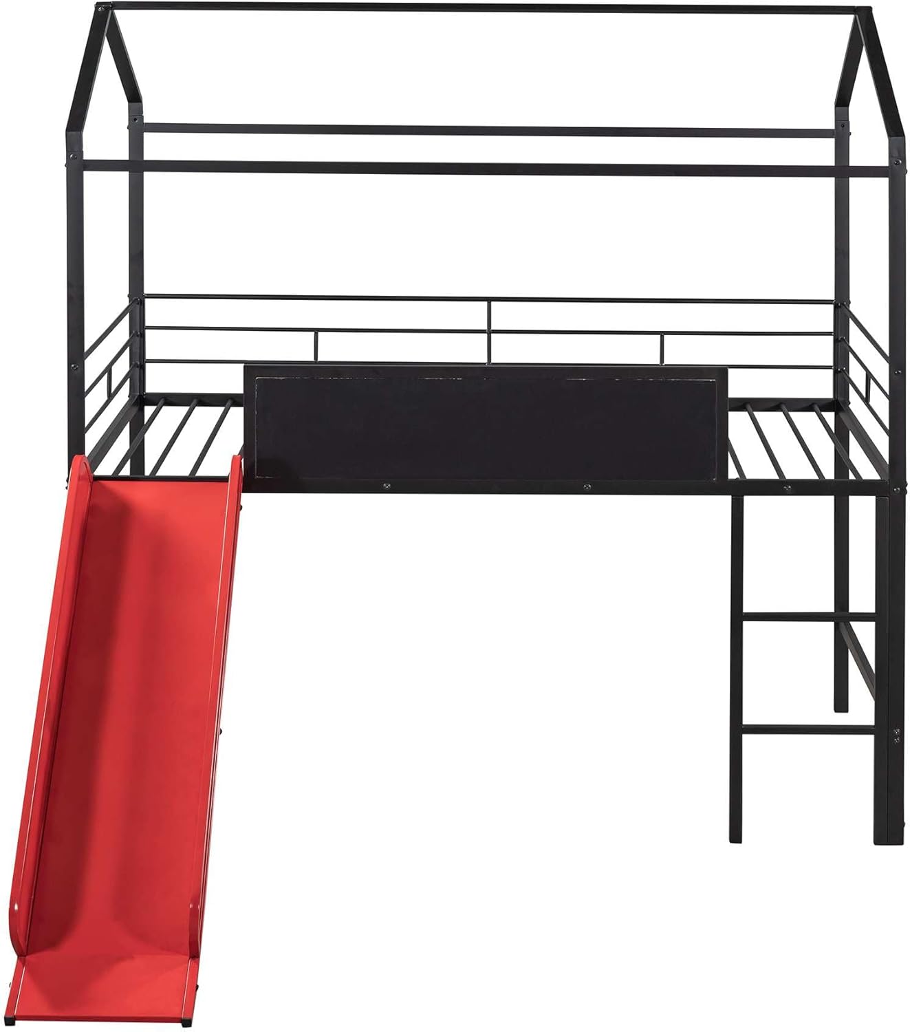 Adventure-Ready Twin Metal Loft Bed with Slide and Writable Wooden Boards in Black and Red - Create, Play, and Sleep in Style!