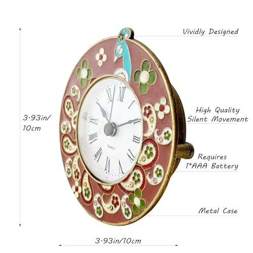 Vintage Mini Analog Table Clock, Silent Small Table Clock with Hand-Painted Metal Body, Battery Operated Non-Ticking Clock Core for Shelf, Living Room, Bedroom, Bedside, Desk, Gift Clock