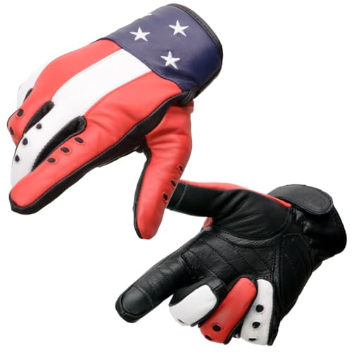 Milwaukee Leather MG7527 Men's Black Leather i-Touch Screen Compatible Motorcycle Hand Gloves w/Stars and Stripes