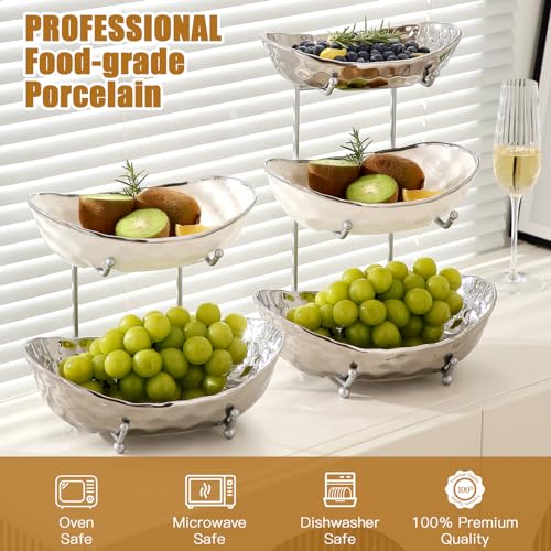 Fruit Bowl for Kitchen Counter - 2 Tier Ceramic Serving Bowls with Metal Stand, Tiered Fruit Basket for Fruit Vegetable Storage, Snack, Nuts, Cake, Dessert, Small & Cute (Gold&White)