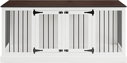 Crosley Furniture Winslow Corner Credenza Dog Crate with Dark Brown Top, White