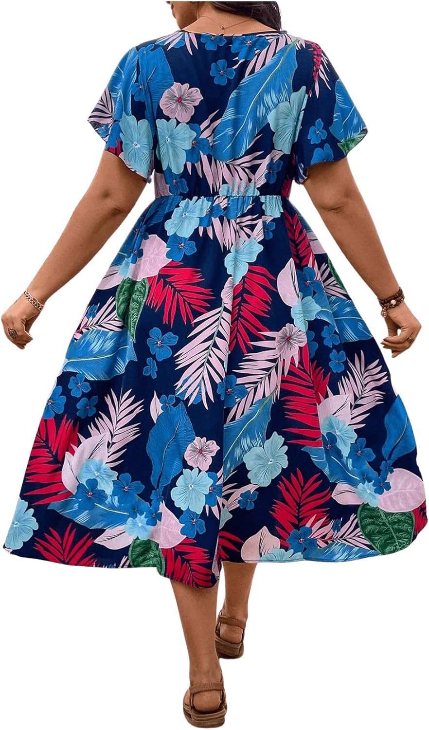 Floerns Women's Plus Size Boho Floral V Neck Short Sleeve A Line Long Dress Blue Tropical 2XL