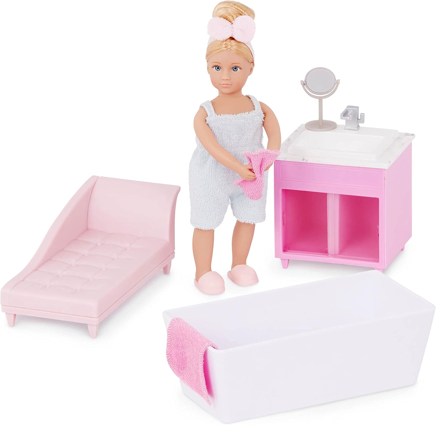 Lori Dolls – Adelina’s Bathtub Set – Mini Doll & Toy Bathroom Furniture – 6-inch Doll & Dollhouse Accessories – Tub, Vanity, Lounge Chair, Mirror, Towels – Play Set for Kids – 3 Years +
