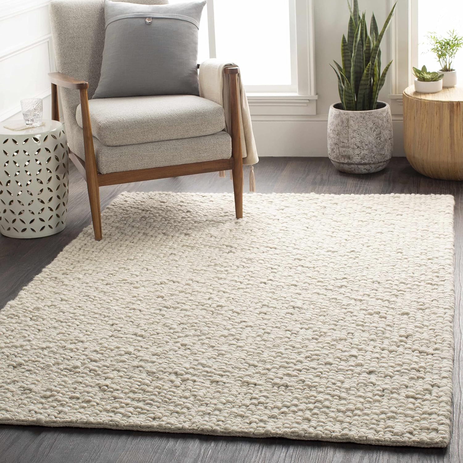Hauteloom Penmaenmawr Boho Natural Fibers Farmhouse Living Room Bedroom Wool Area Rug - Neutral Handmade Bohemian Carpet - Brown, Cream - 5' x 7'6