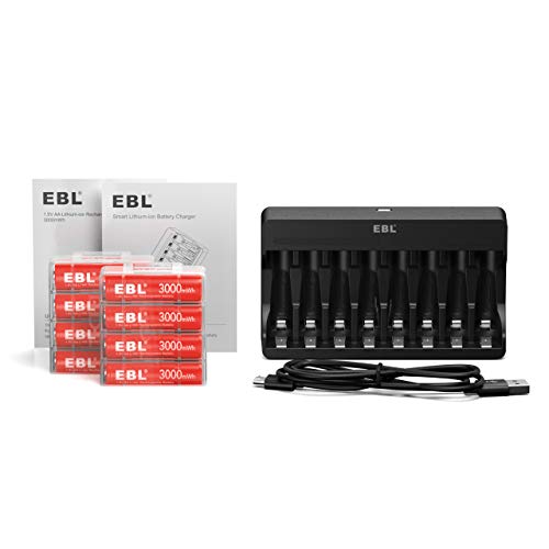 EBL 8 Pack Rechargeable Lithium AA Batteries, 1.5V 3000mWh Double a Batteries Long Lasting AA Li-ion Battery (8AA with Charger)