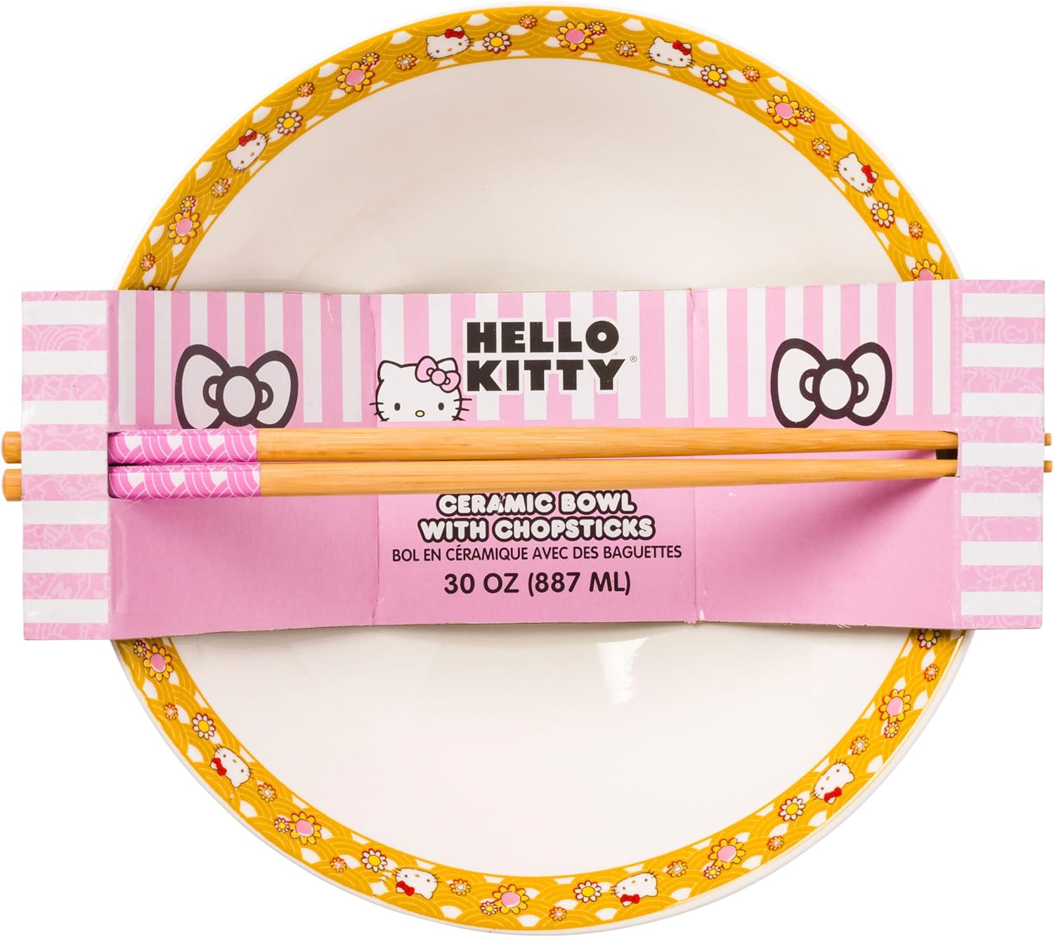 Silver Buffalo Sanrio Hello Kitty Pink and Gold Japanese Pattern with Flowers Ceramic Ramen Noodle Rice Bowl with Chopsticks, Microwave Safe, 30 Ounces