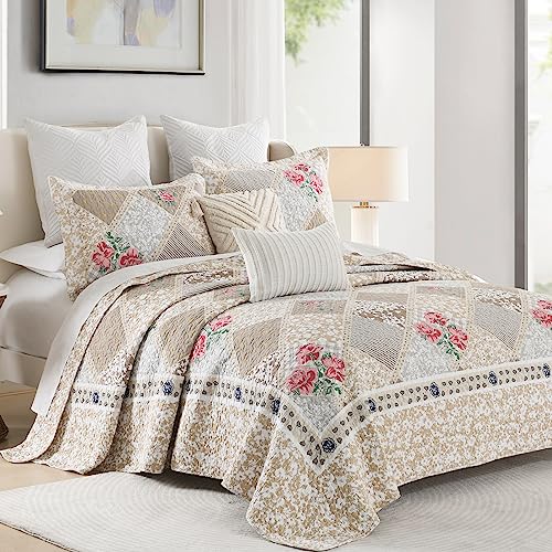 Finlonte Oversized King Bedspread, 100% Cotton Large Size King Bedspread Coverlet Bedding Set, Brown Grey Farmhouse Plaid Lightweight Reversible XL Quilt Set, 3 Piece
