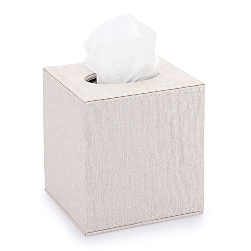 Sumnacon Square Leather Tissue Box Cover - Stylish Cube Tissue Box Holder with Magnetic Bottom, Decorative PU Tissue Box for Vanity Dresser Night Stand Table Countertop Home Office Car, Silver