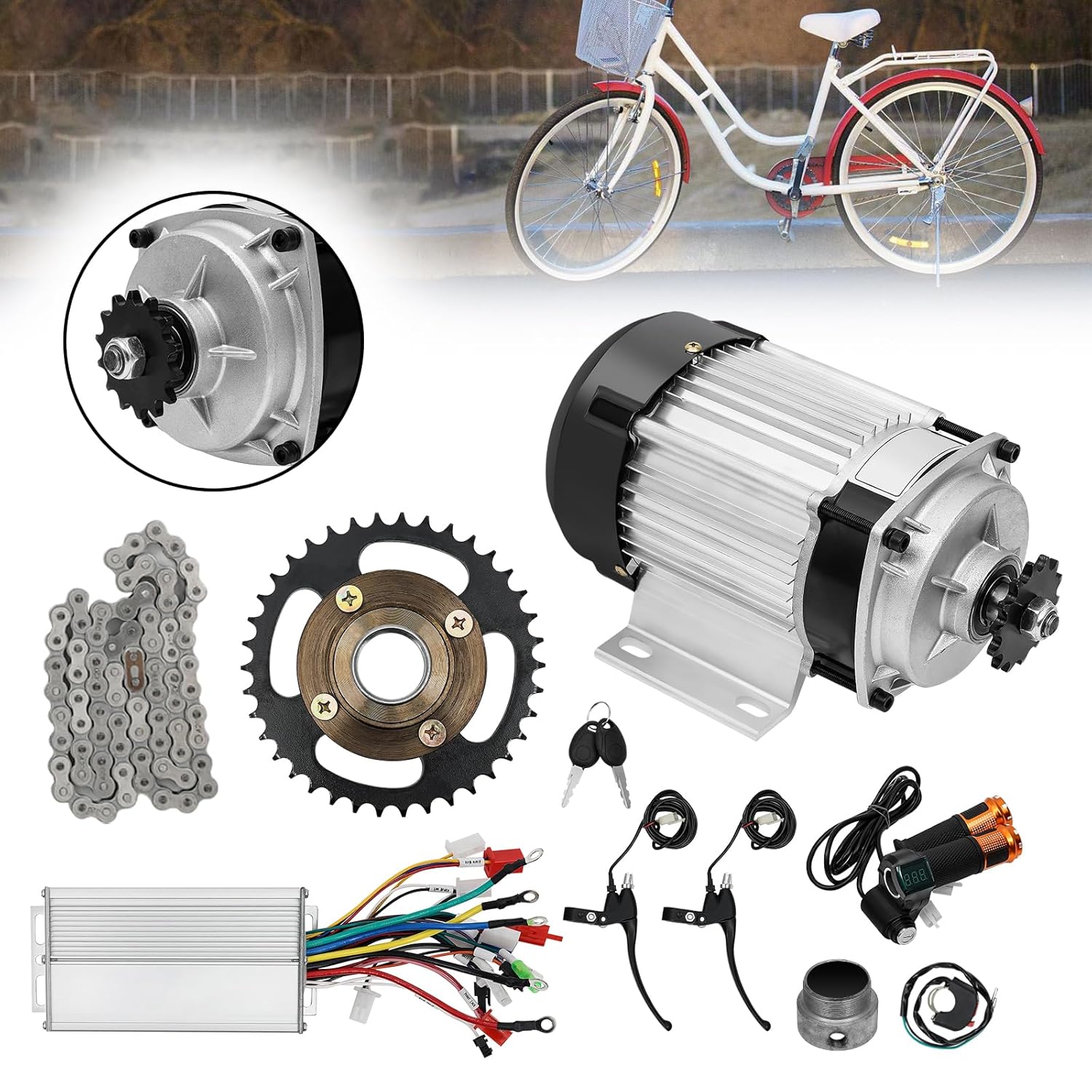 Brushless Motor Kit 48V 500W, Tricycle Electric Motor Kit Electric Scooter Motor with Chain and No Tteeth Freewheel, Motorcycle Bicycle Bike Engine Go Kart Motor Electric Scooter Conversion Kit