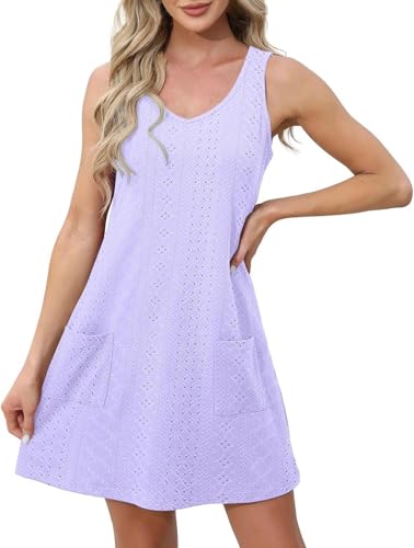 Women's Sleeveless Summer Dress Eyelet Tank Short Mini Casual Lace V Neck Hollow Out Cute A Line Beach Sundress