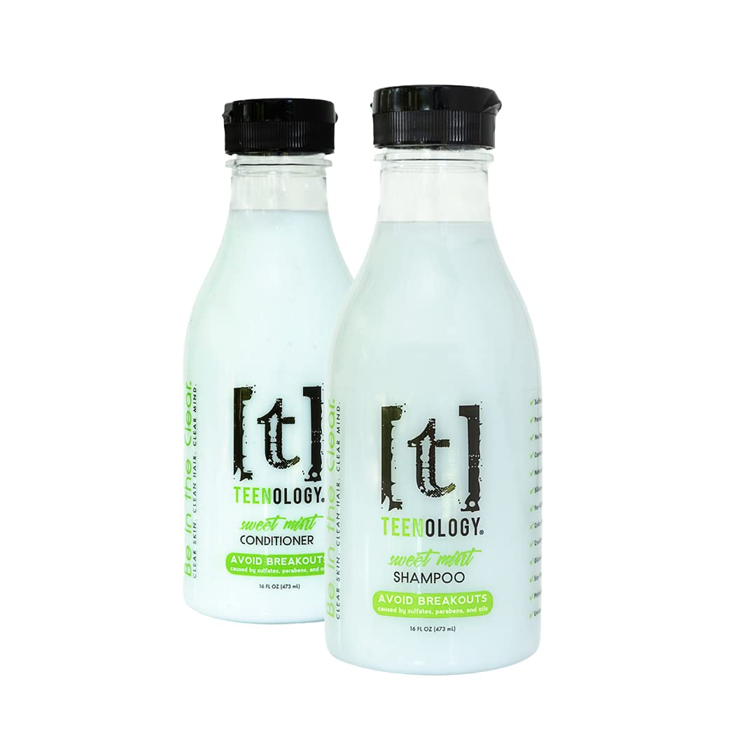 TEENOLOGY Shampoo and Conditioner Bundle (Save 5%) - Avoid Forehead Acne and Breakouts - Sulfate and Paraben Free, Noncomedogenic, Natural Botanical Extracts, Sweet Mint - 16 oz