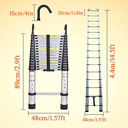 16.5ft Aluminum Telescoping Ladder Folding Telescopic Extension Ladder with 2 Roof Hooks EN131 Safe Standard Adjustable Height for Home Building Garden Attic Loft Decoration Painting 330lb Capacity