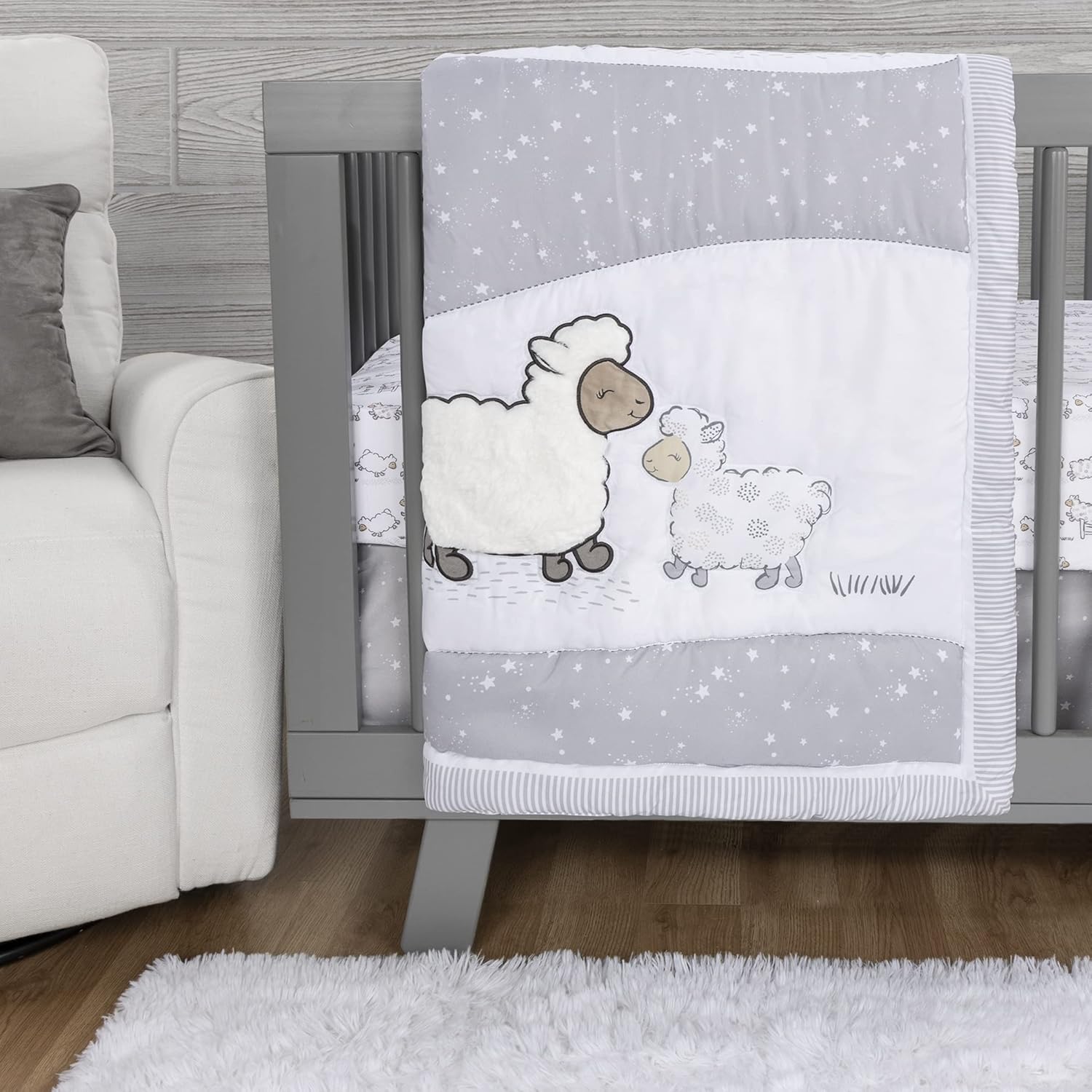 Sammy & Lou Sleepy Sheep 4-Piece Baby Crib Bedding Set, Includes Quilt, Fitted Crib Sheets Neutral, Crib Skirt, and Plush Toy
