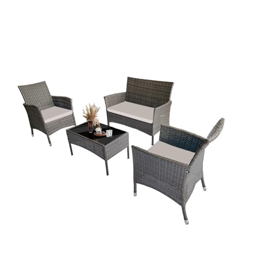 Patio Furniture Set 4 Pieces Outdoor Rattan Chair Wicker Sofa Garden Conversation Bistro Sets for Yard,Pool or Backyard (Brown + Grey Cloth)