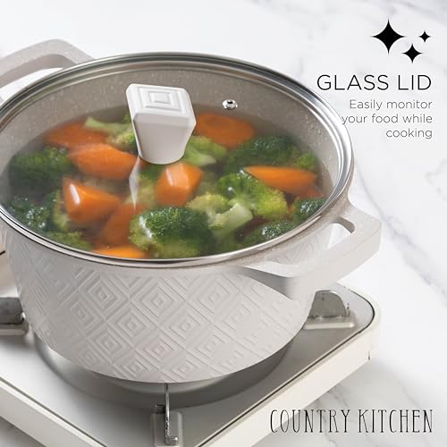 Country Kitchen Nonstick Induction Cookware Sets - 11 Piece Cast Aluminum Pots and Pans with BAKELITE Handles And Glass Lids (Cream)