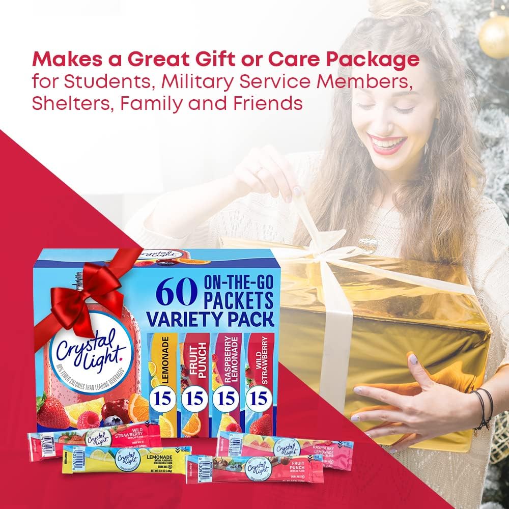 Generic Crystal Light Lemonade, Fruit Punch, Raspberry Lemonade & Wild Strawberry Sugar-Free Powdered Drink Mix Variety Pack, 60 Count With 25 Straws, Fits 16.9 oz Bottles