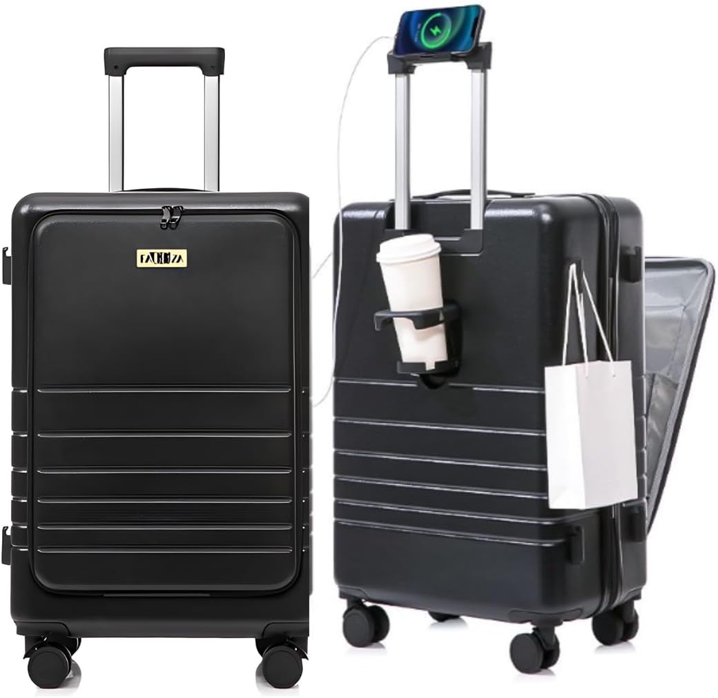 Hardside Carry On Luggage, Airline Approved TSA lock, Charging Port, 20-inch Lightweight Luggage, Front Open Carry On luggage with Scratch-Resistant PC HardShell Suitcase, Black