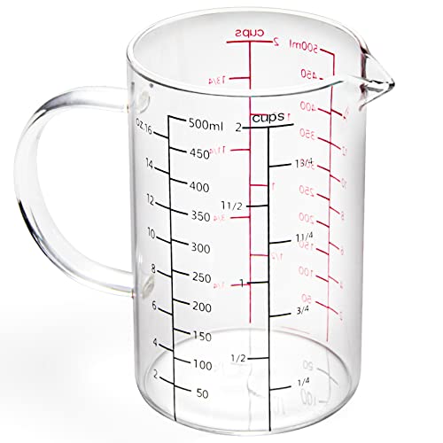 77L Glass Measuring Cup with Handle, [Double-Sided Measuring Scale, V-Shaped Spout, Insulated handle], High Borosilicate Glass Measuring Cup with Three Scales (OZ, Cup, ML) for Liquid (2 Cup)