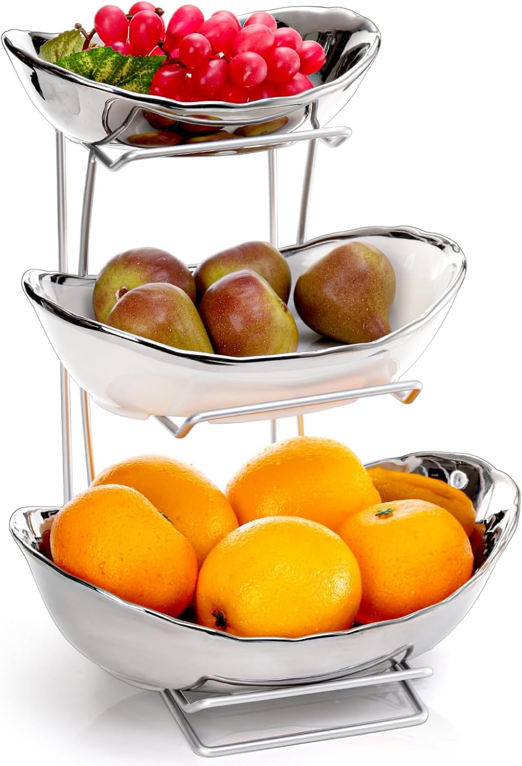 3 Tier Fruit Bowl, Ceramic Fruit Basket, Oval Bowl Set with Metal Rack, Porcelain Kitchen Bowls for Fruit Vegetable Storage, Snack, Nuts, Dessert(Silver)