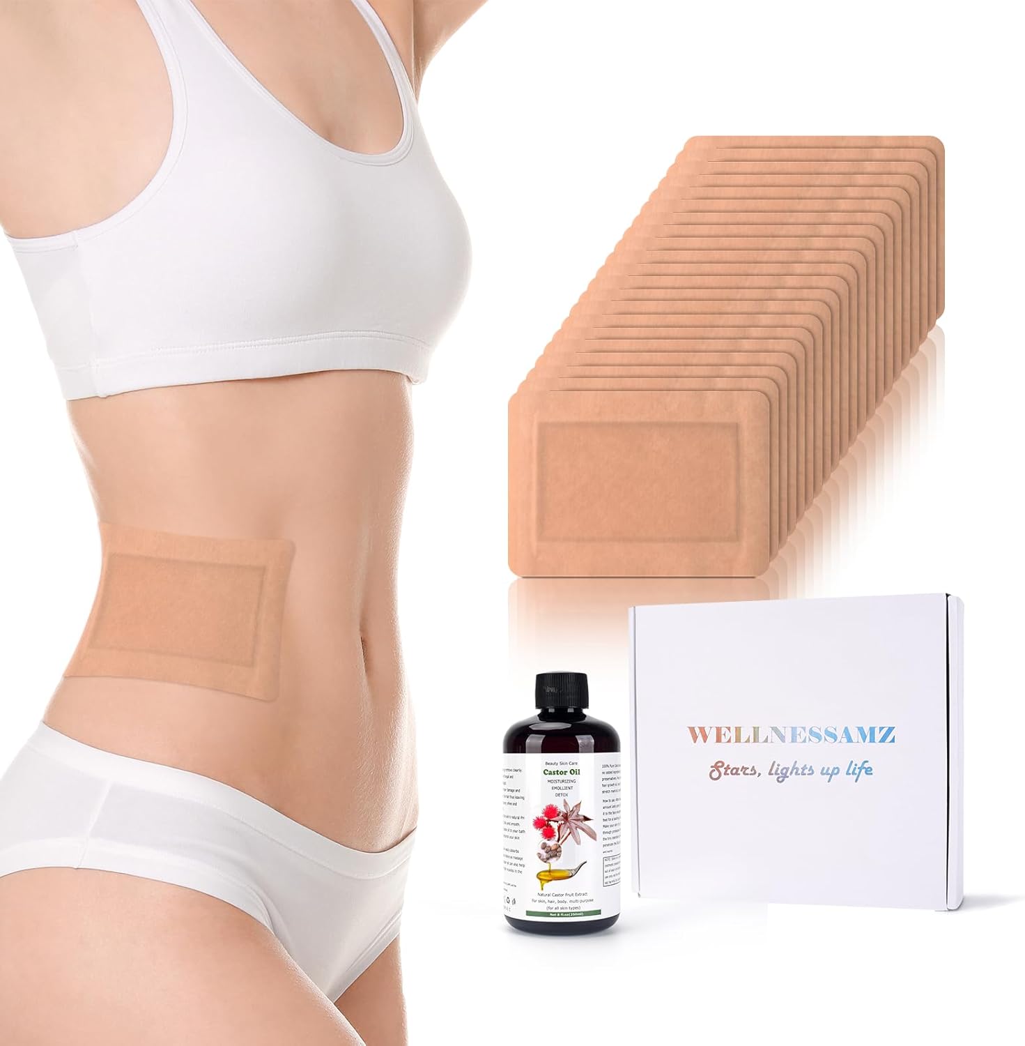 20Pcs Castor Oil Pack Wrap,Castor Oil Pack for Black Castor Oil, No Washing Self Adhesive with High Absorbent Organic Cotton Flannel, Wellnessamz Anti Massage Oil Leak, Design for Women Men Travel