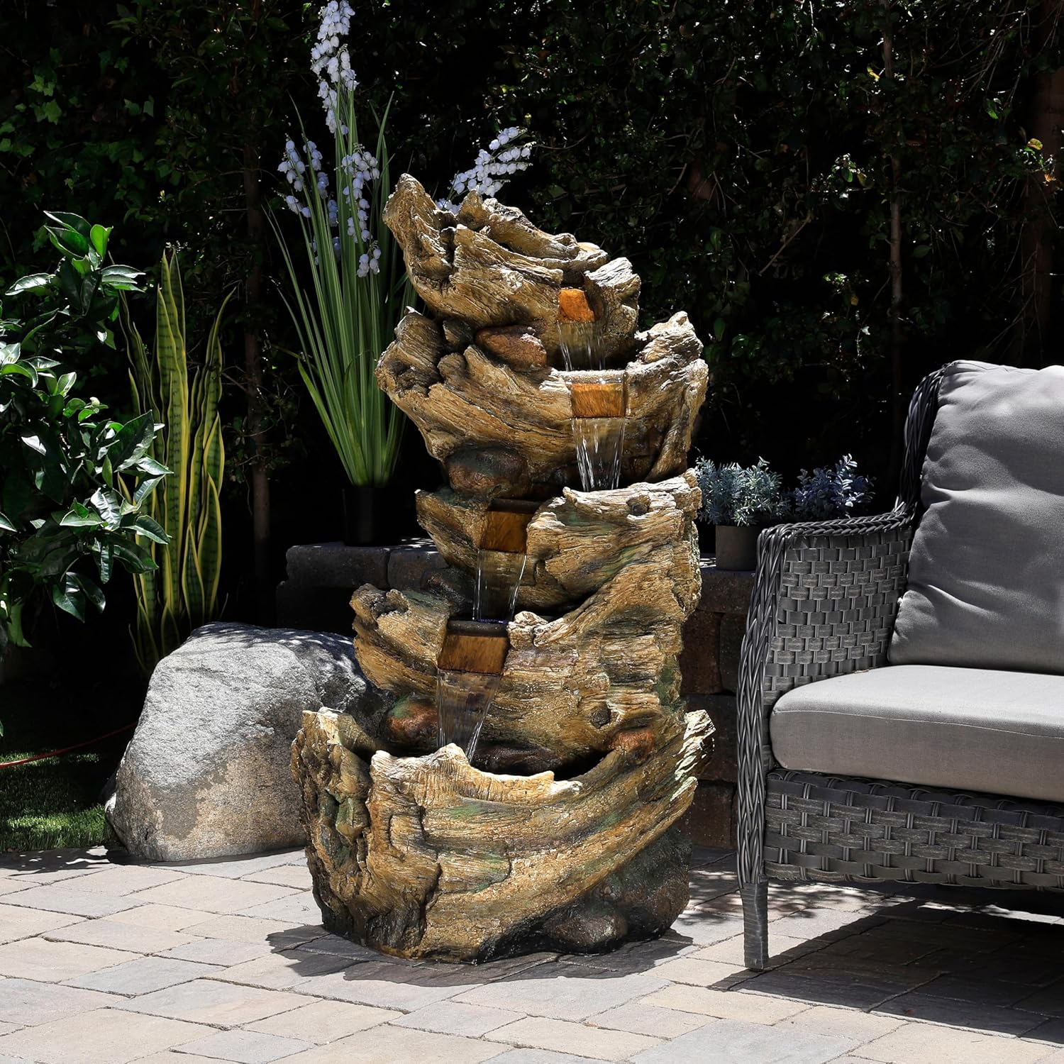 Alpine Corporation TZL132 Outdoor Floor 5-Tier Log Fountain with LED Lights, Cascading Tree Trunk Fountain 47