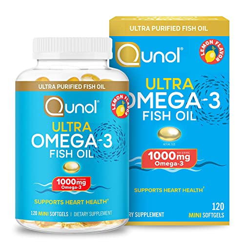 Qunol Omega 3 Fish Oil Mini Softgels, 1000mg Ultra Pure Fish Oil, Heart Health Support, Omega 3 DHA Supplements, Lemon Flavor, 2 Month Supply, 120 Count