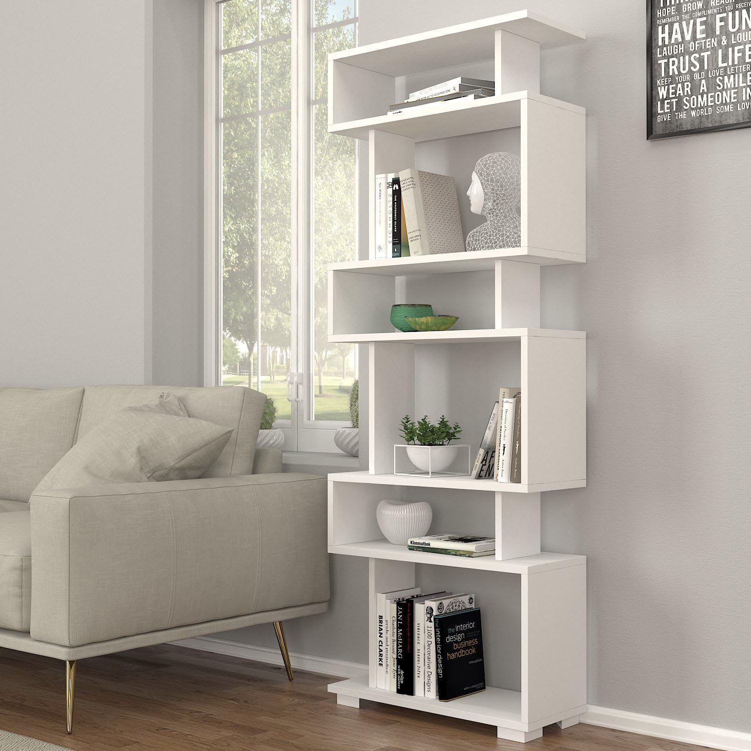DORPEK Slender Bookcase White,S- Shaped 6- Tier Tall Bookshelf, Etagere Bookcase with Open Shelves, Floor Standing Unit, Storage Shelving for Living Room and Home Office