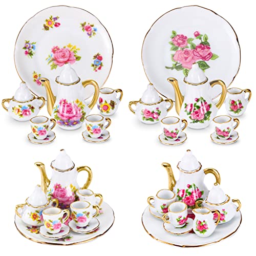 Sieral 2 Set 1:12 Miniature Tea Cup Sets Porcelain Dollhouse Accessories Dollhouse Decoration Mini Flower Pattern Teapot Cup Plates Set for Little Girls Dollhouse Coffee Shop Kitchen Accessories
